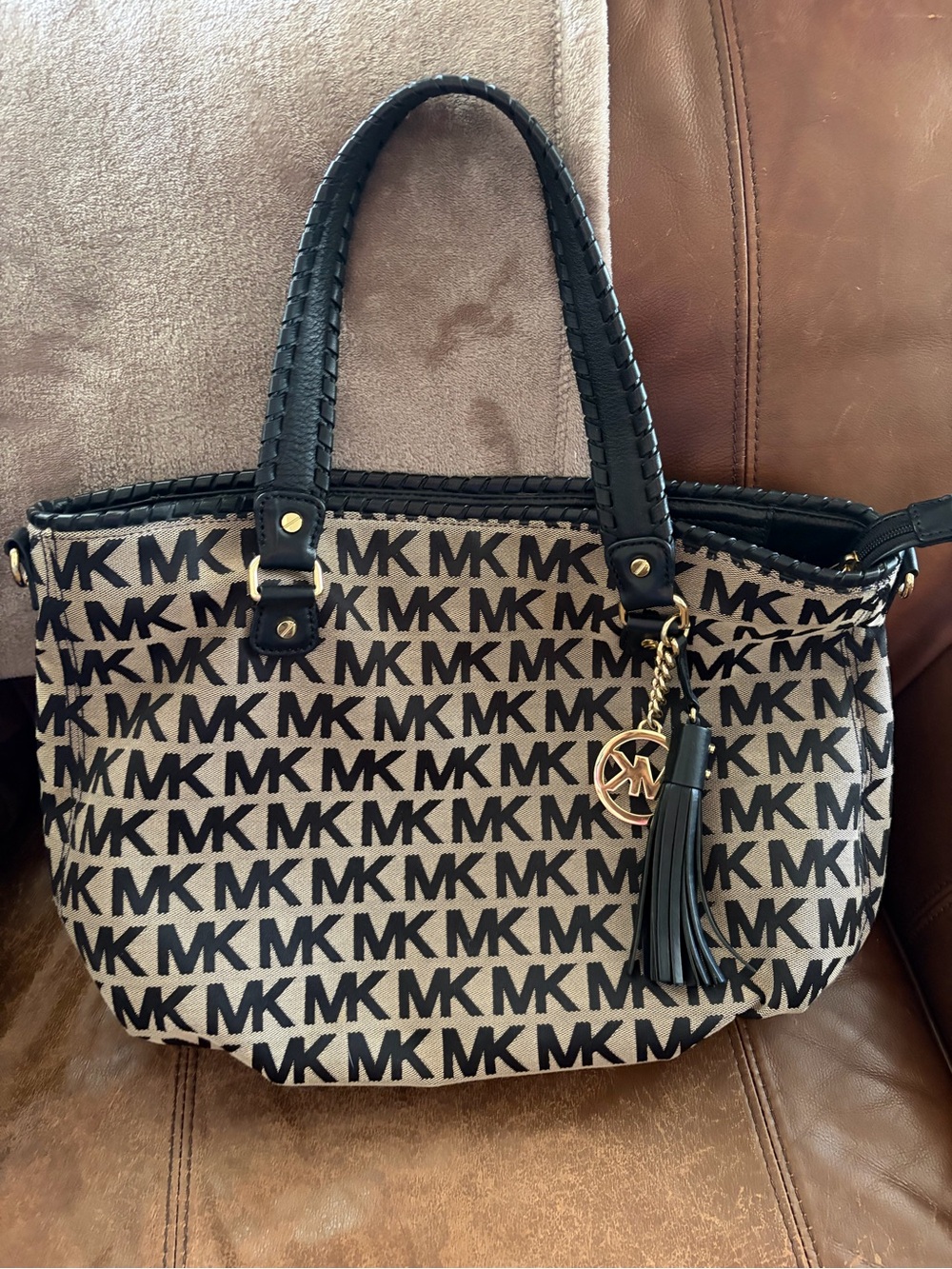 Michael Kors Black and Beige MK Monogram Tote with Tassel Charm